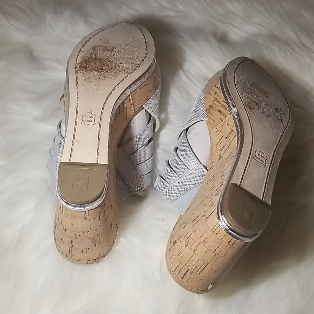 Donald J. Pliner Silver Leather Cork Wedge Sandals